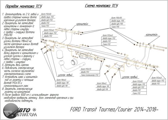 Фаркоп Ford Transit/Tourneo Courier 2014- 2018- съемный на болтах Poligon-auto, Серебристий
