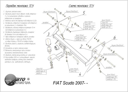Фаркоп Fiat Scudo 2007- съемный на болтах Poligon-auto, Серебристий